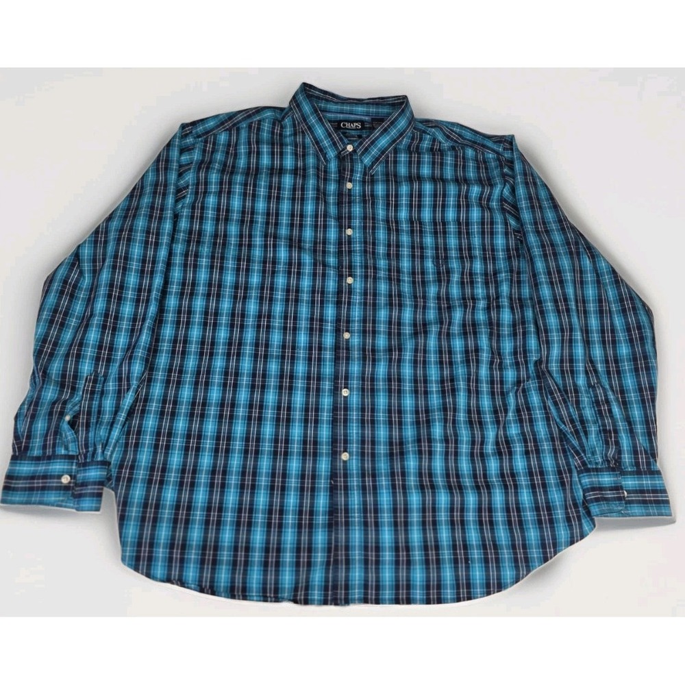 Mens Size 4XL CHAPS Easy Care Blue Checkered Button Up Dress Shirt
